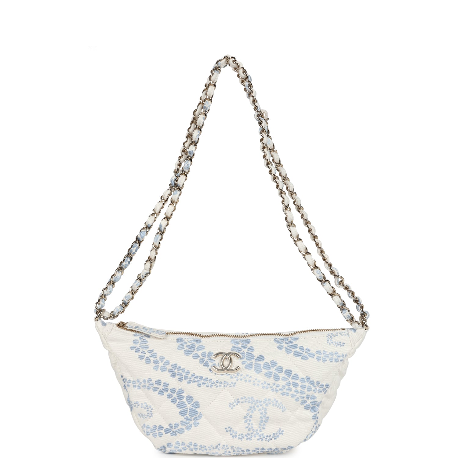 Large Coco Beach Hobo Bag in White and Blue Denim Light Gold Hardware