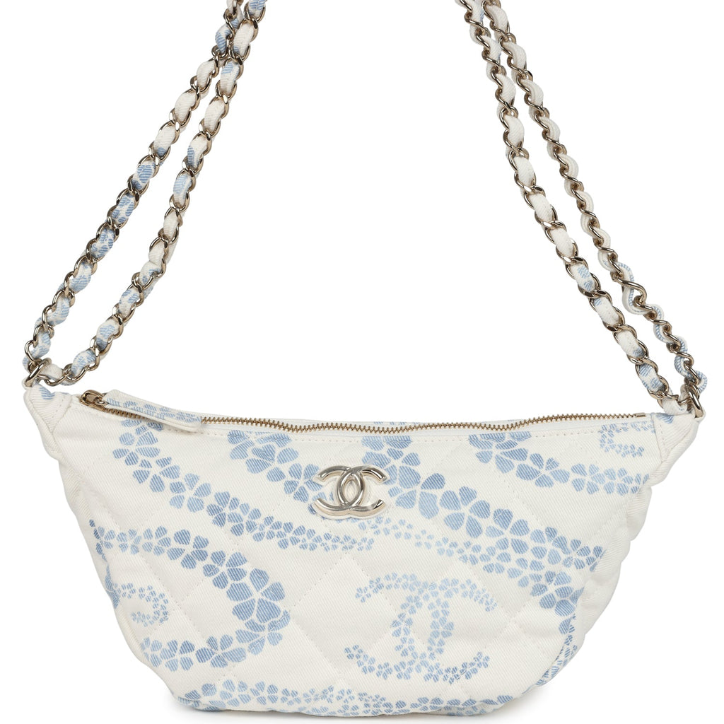 Large Coco Beach Hobo Bag in White and Blue Denim Light Gold Hardware