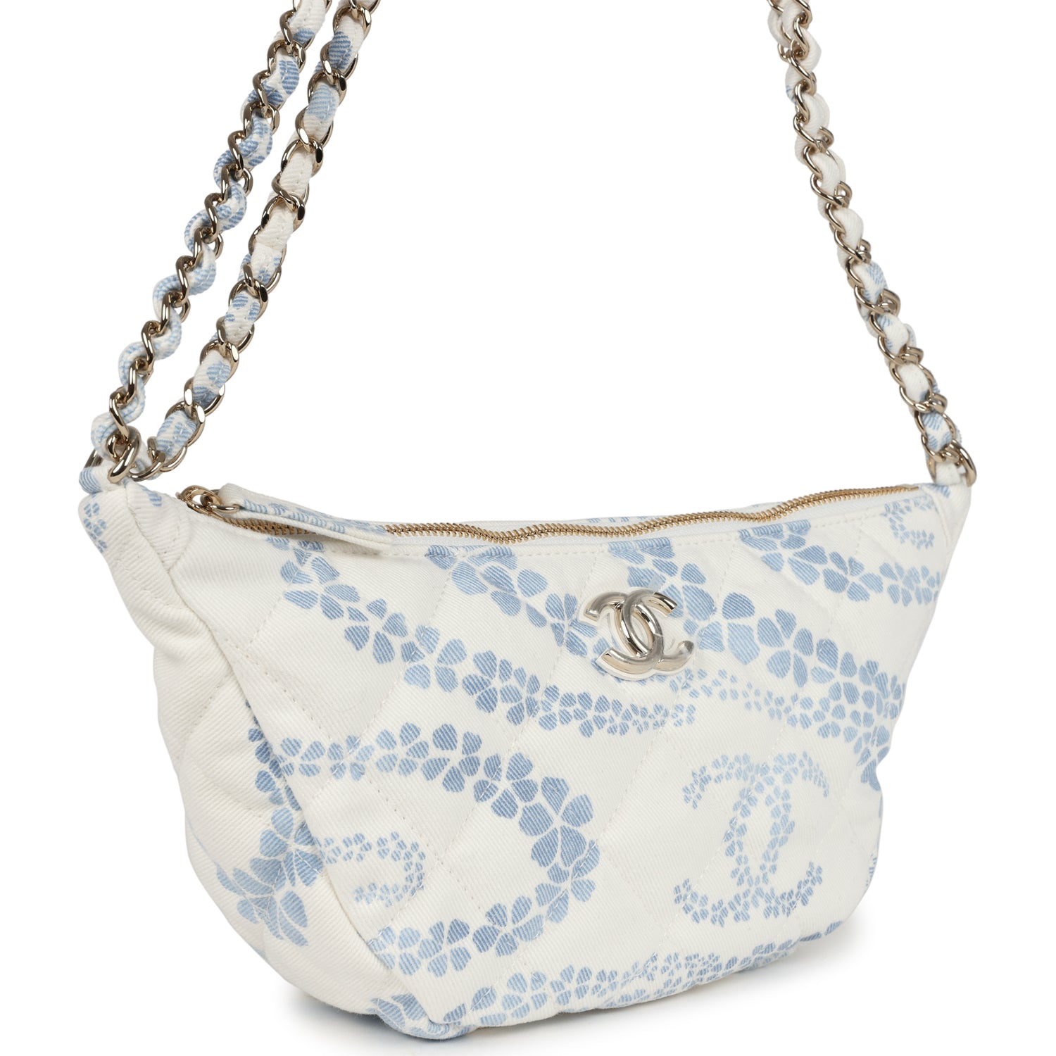Large Coco Beach Hobo Bag in White and Blue Denim Light Gold Hardware