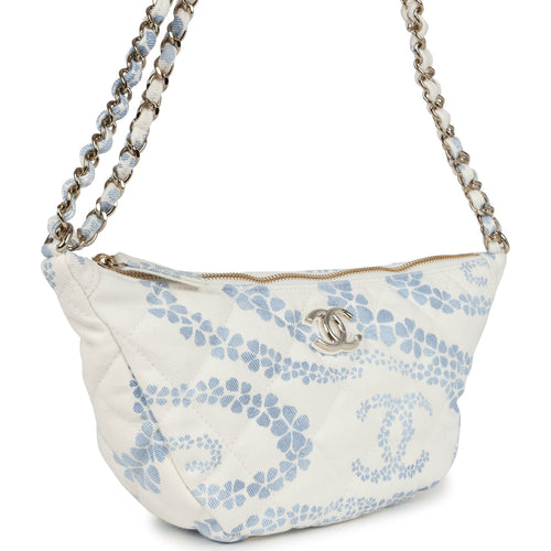Large Coco Beach Hobo Bag in White and Blue Denim Light Gold Hardware