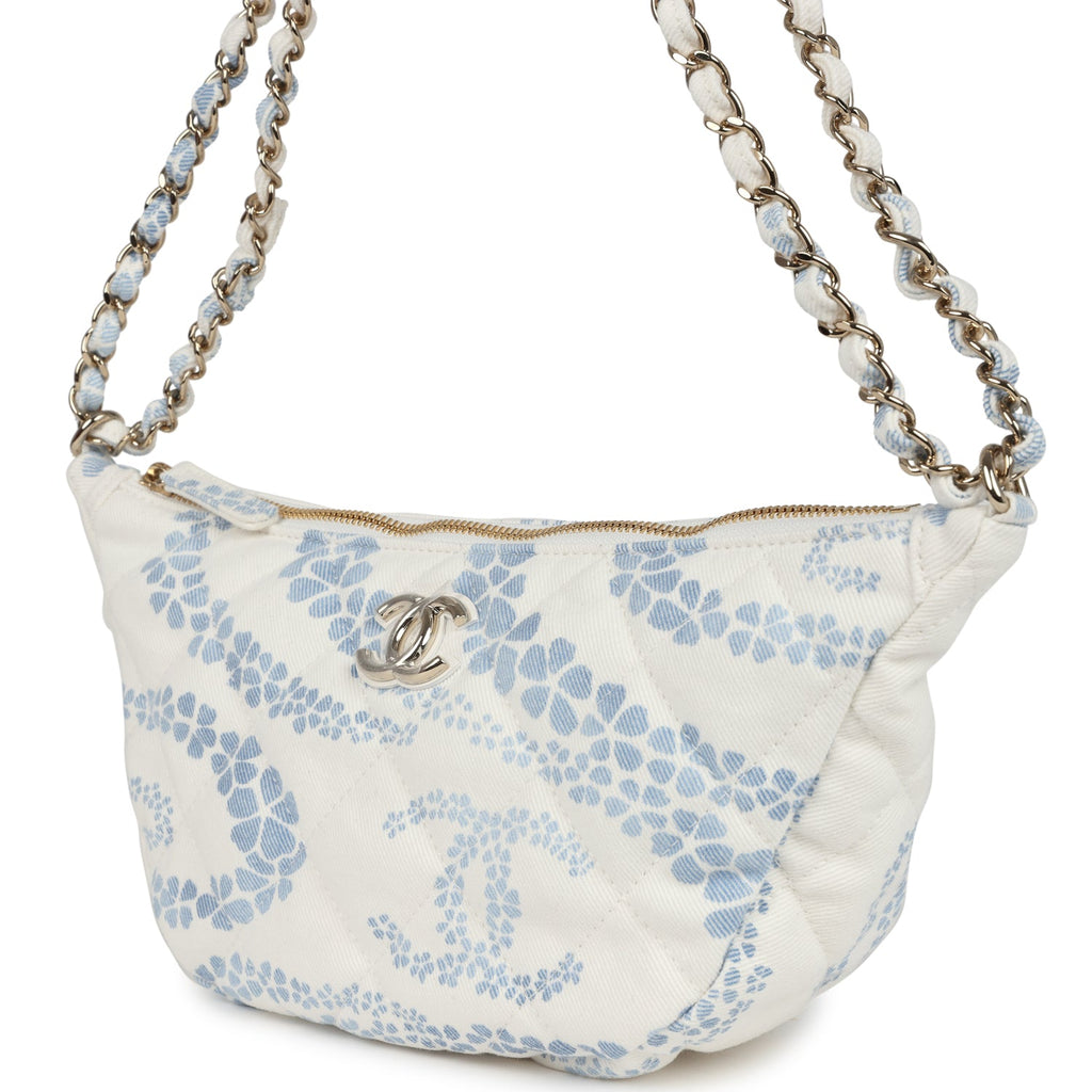 Large Coco Beach Hobo Bag in White and Blue Denim Light Gold Hardware