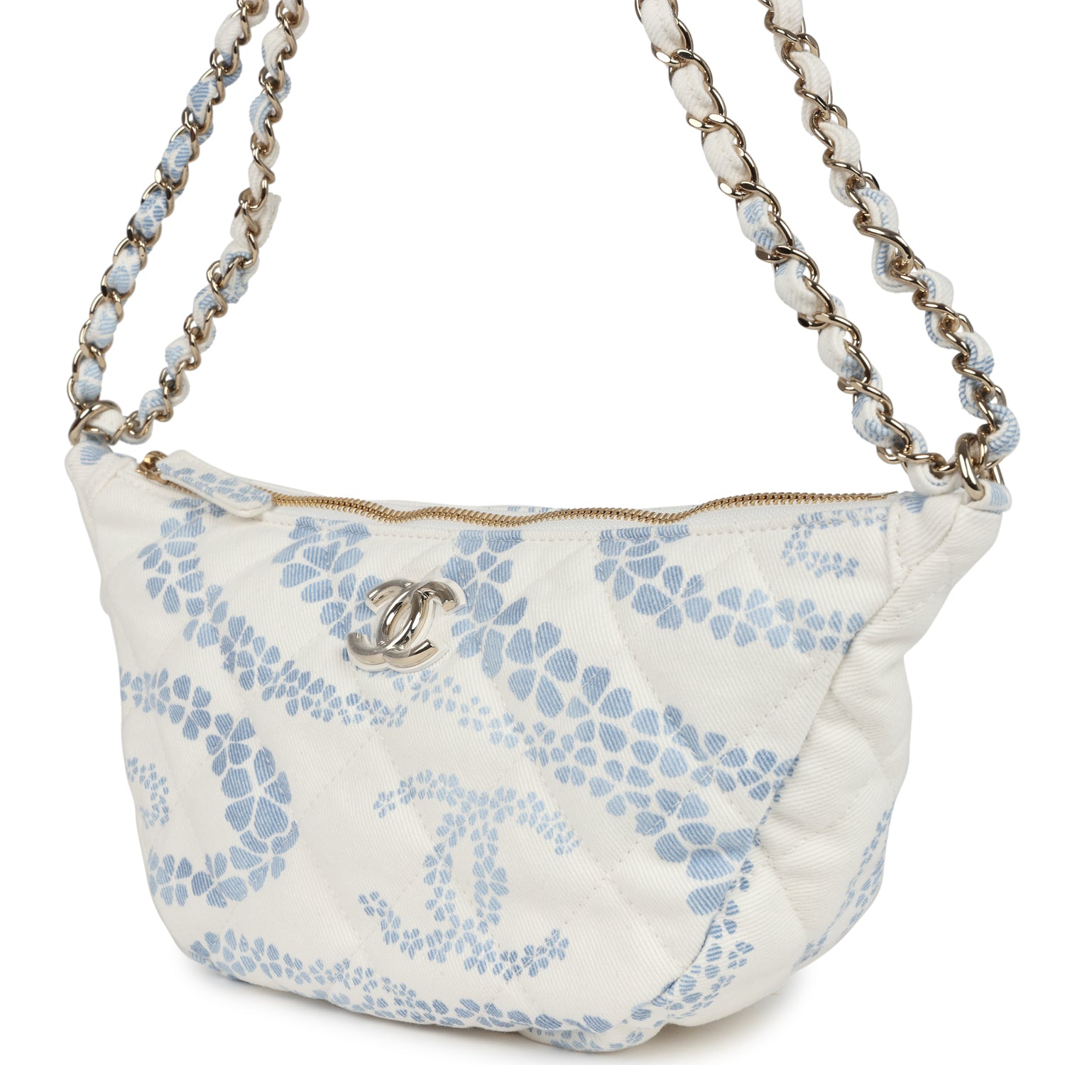 Large Coco Beach Hobo Bag in White and Blue Denim Light Gold Hardware