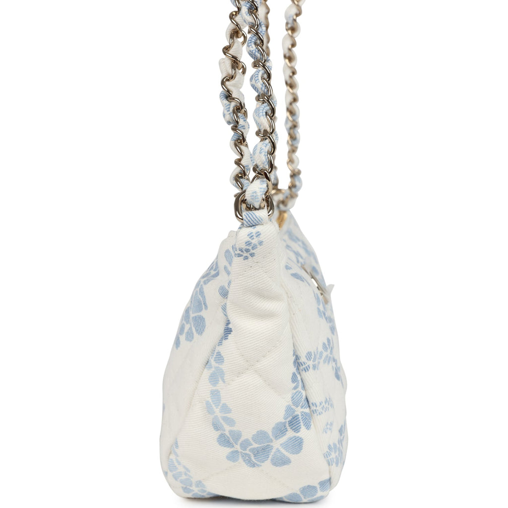 Large Coco Beach Hobo Bag in White and Blue Denim Light Gold Hardware