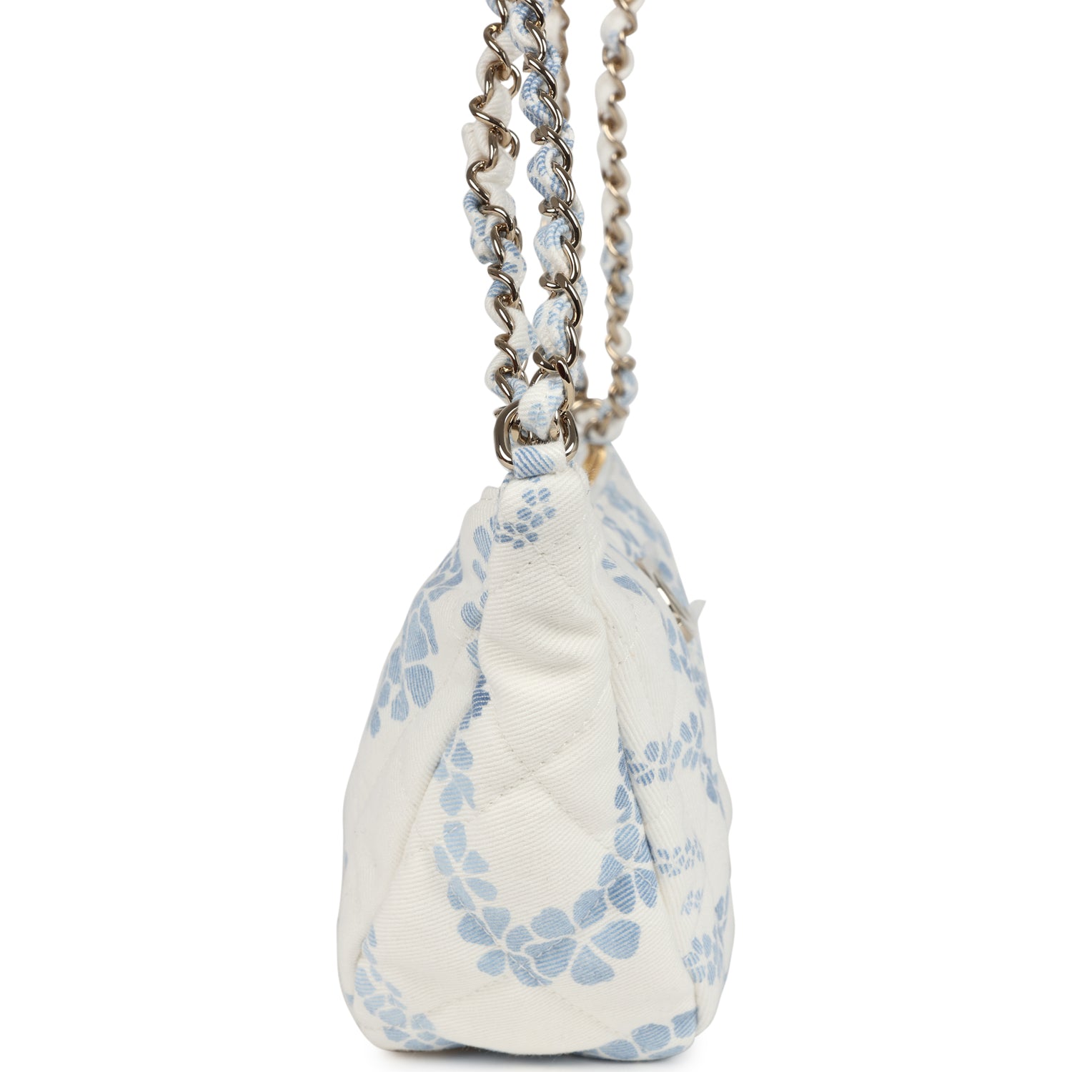 Large Coco Beach Hobo Bag in White and Blue Denim Light Gold Hardware
