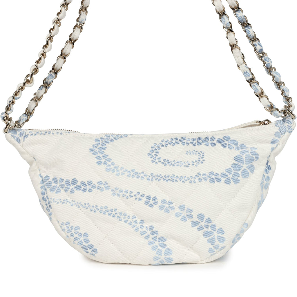 Large Coco Beach Hobo Bag in White and Blue Denim Light Gold Hardware