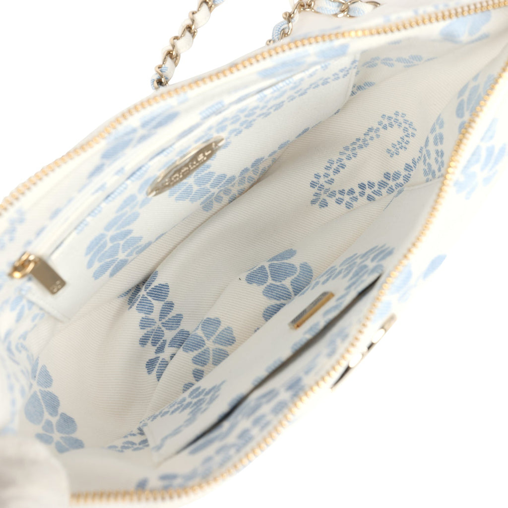 Large Coco Beach Hobo Bag in White and Blue Denim Light Gold Hardware