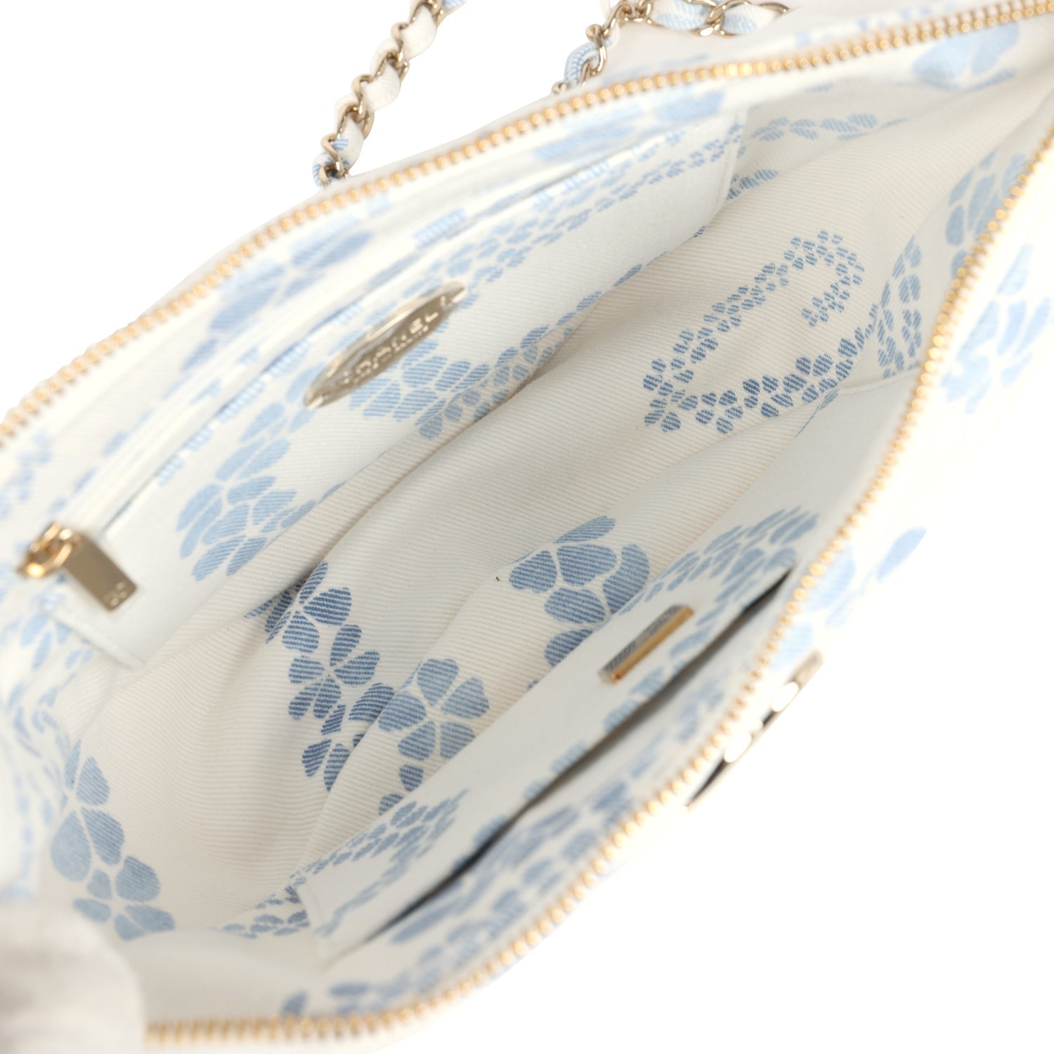 Large Coco Beach Hobo Bag in White and Blue Denim Light Gold Hardware