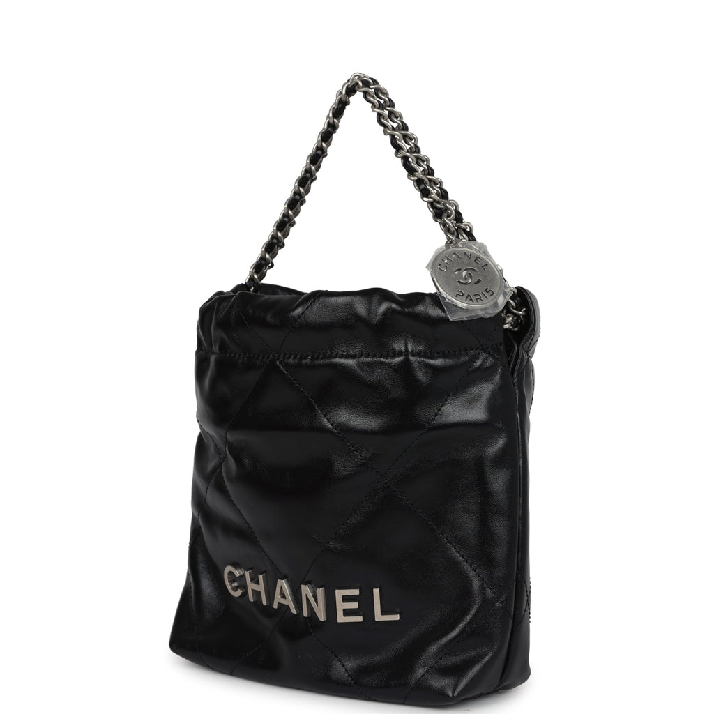 Mini 22 Bag Black Shiny Calfskin Brushed Silver Hardware