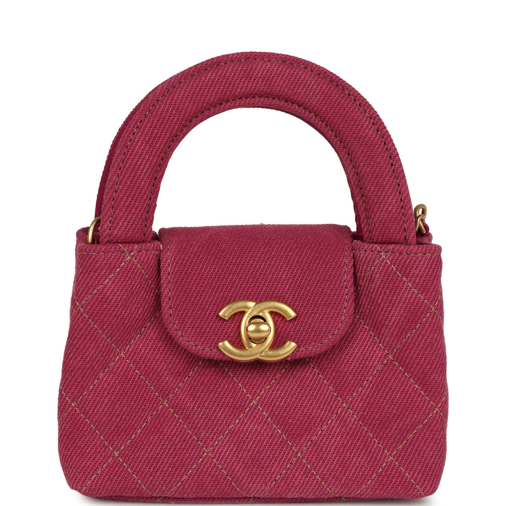 Nano Kelly Shopper Fuchsia Washed Denim Brushed Gold Hardware