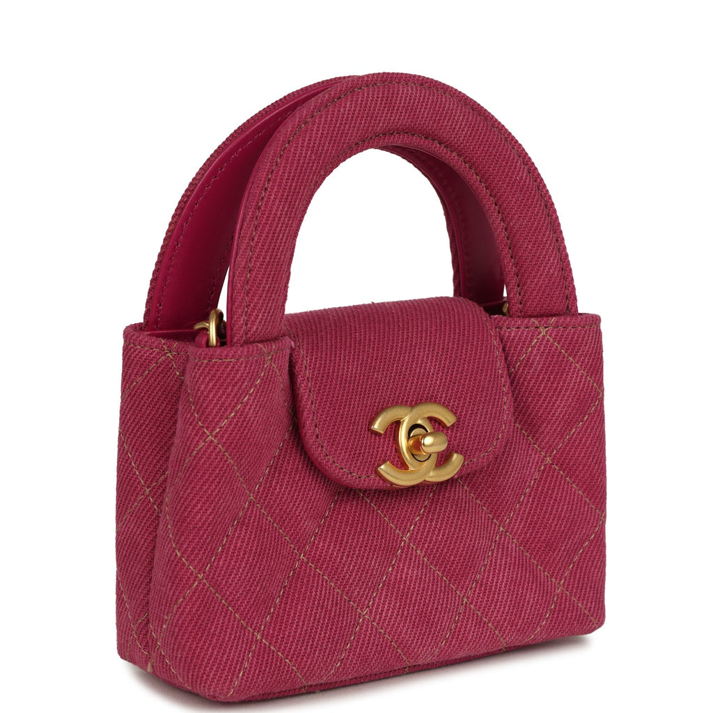 Nano Kelly Shopper Fuchsia Washed Denim Brushed Gold Hardware