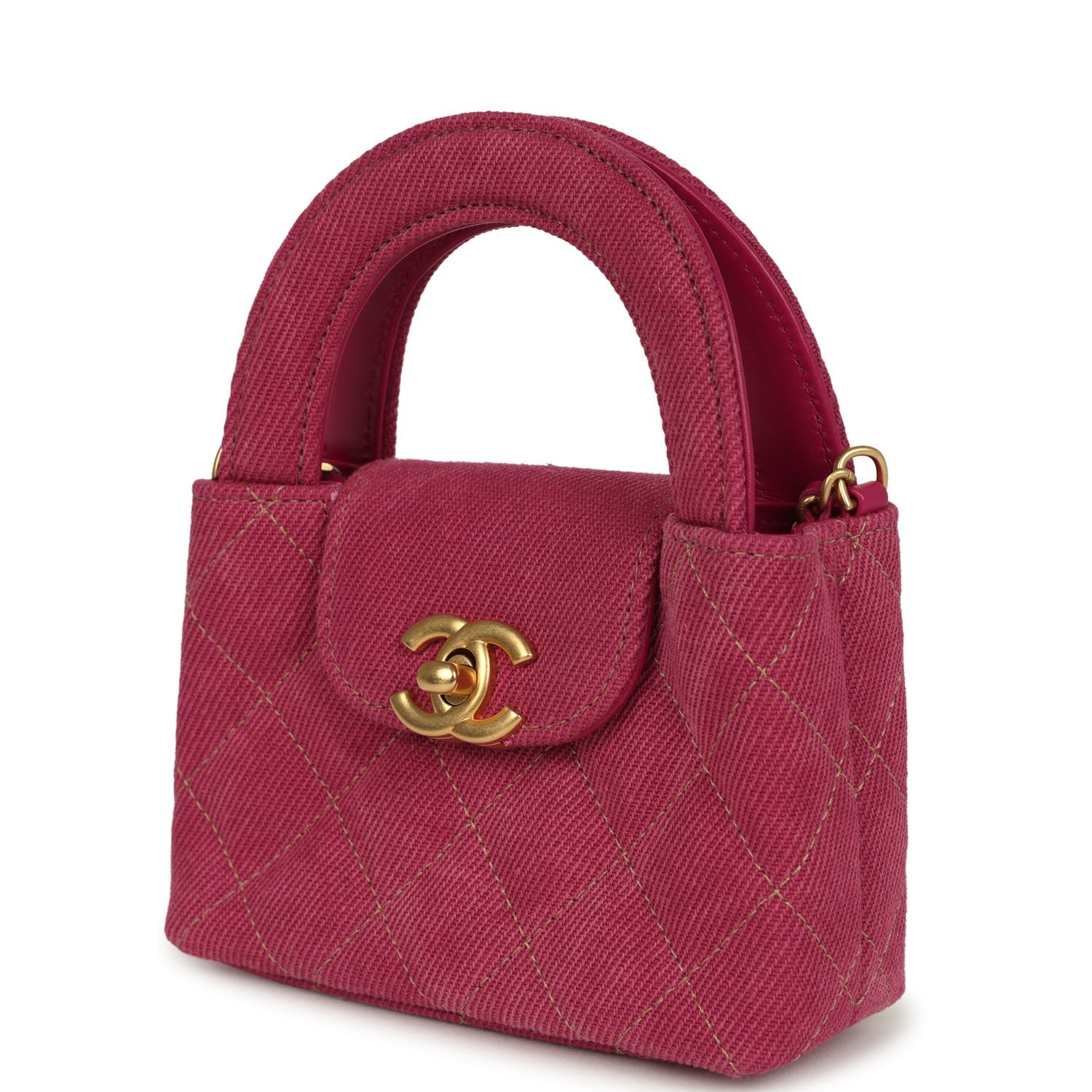 Nano Kelly Shopper Fuchsia Washed Denim Brushed Gold Hardware