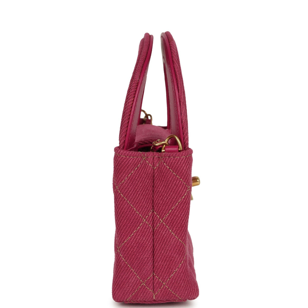 Nano Kelly Shopper Fuchsia Washed Denim Brushed Gold Hardware