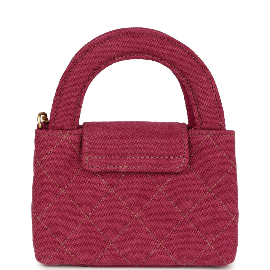 Nano Kelly Shopper Fuchsia Washed Denim Brushed Gold Hardware