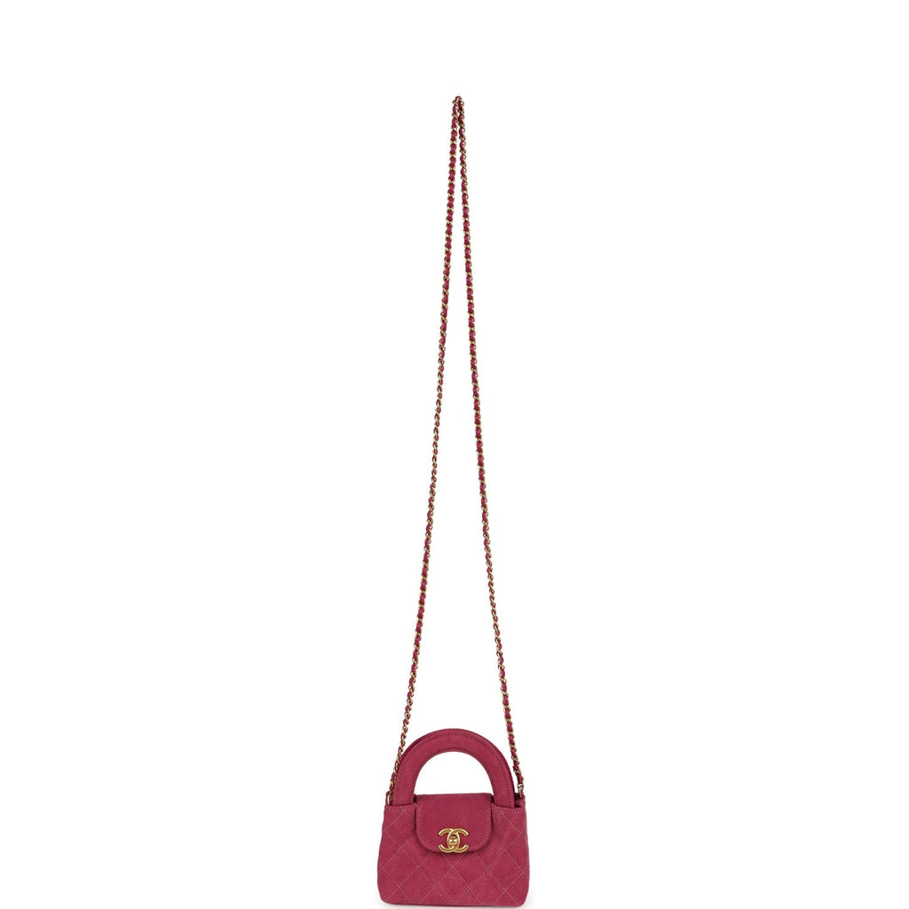 Nano Kelly Shopper Fuchsia Washed Denim Brushed Gold Hardware