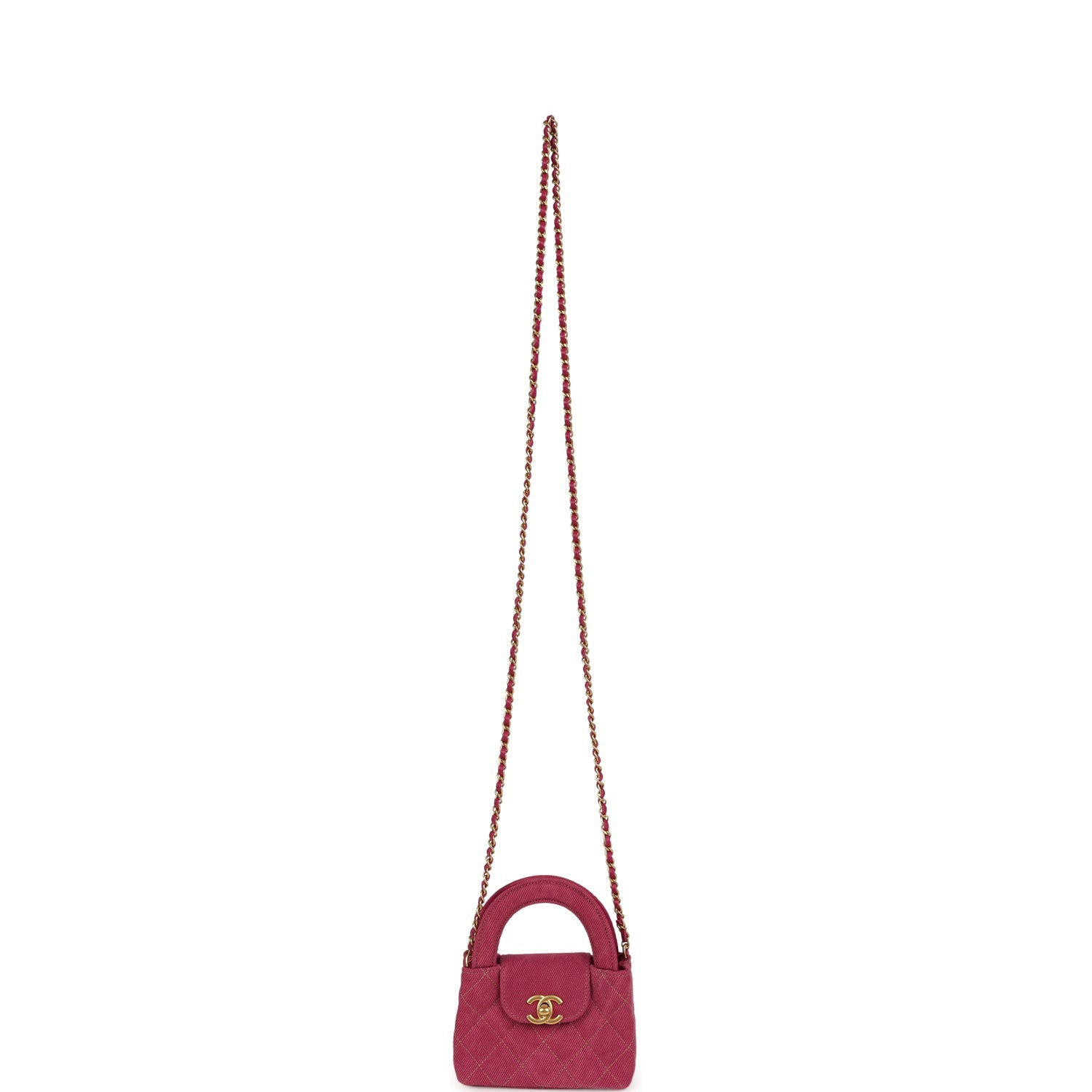 Nano Kelly Shopper Fuchsia Washed Denim Brushed Gold Hardware