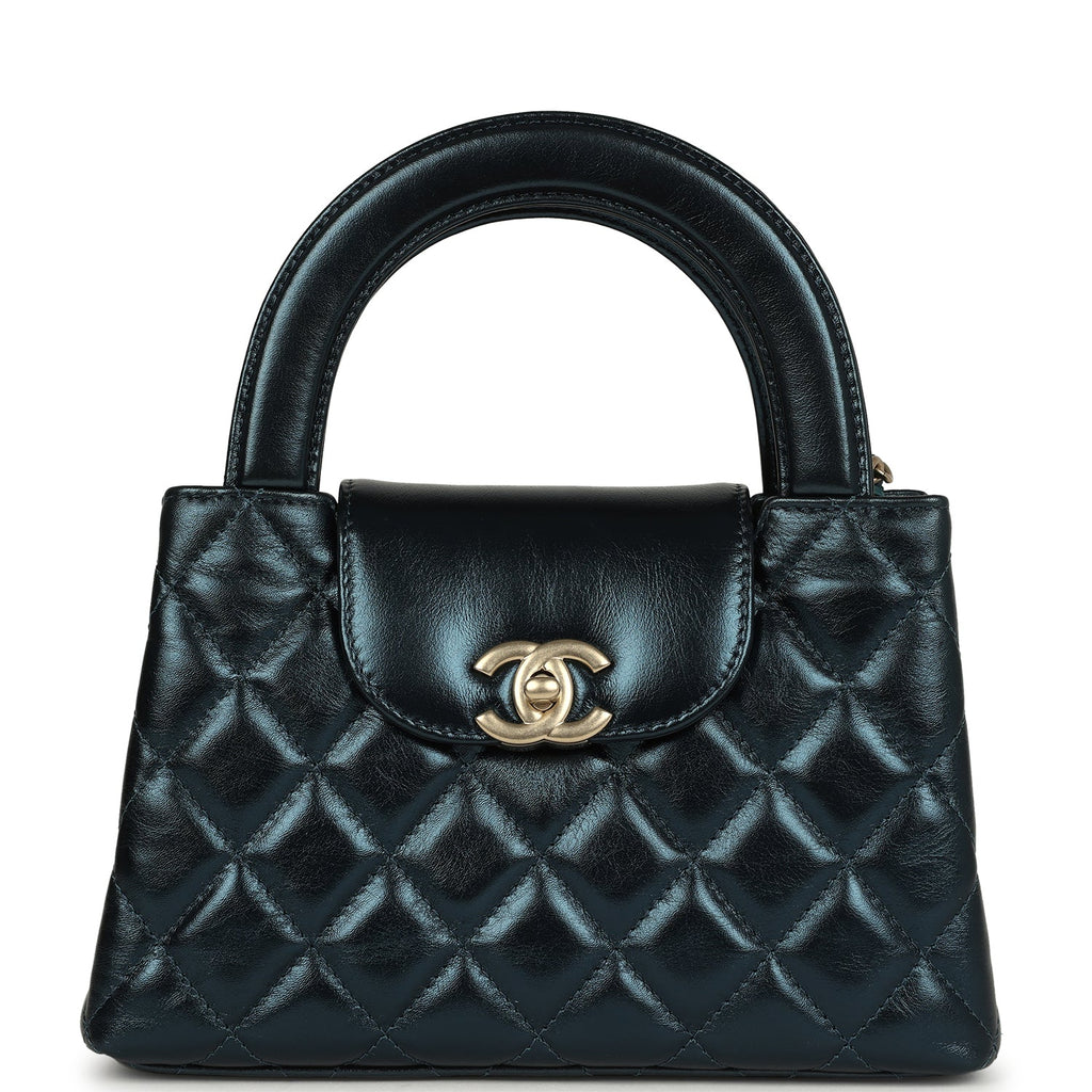 Small Kelly Shopper Metallic Blue Calfskin Brushed Gold Hardware