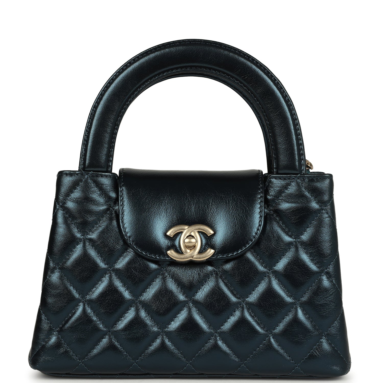 Small Kelly Shopper Metallic Blue Calfskin Brushed Gold Hardware