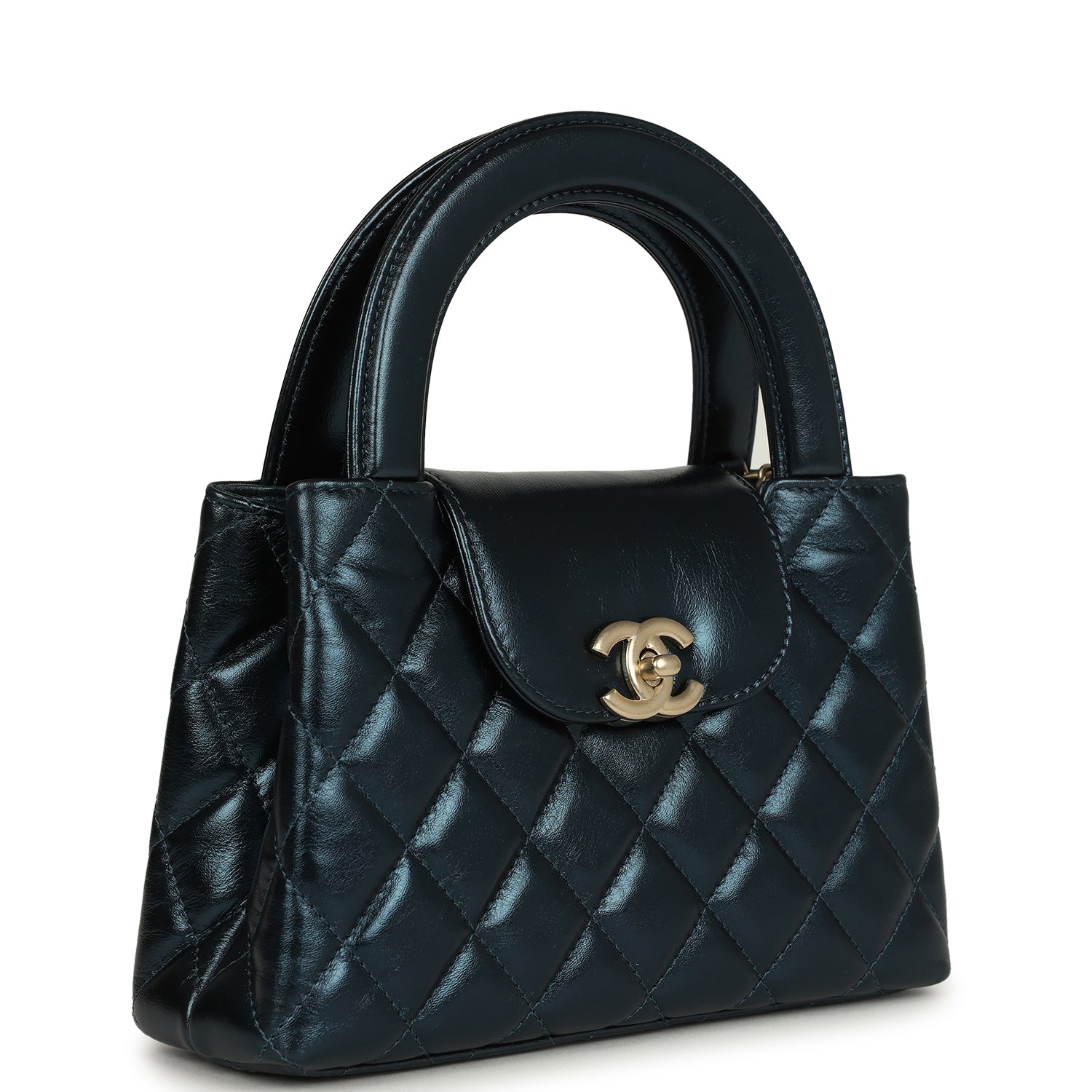Small Kelly Shopper Metallic Blue Calfskin Brushed Gold Hardware