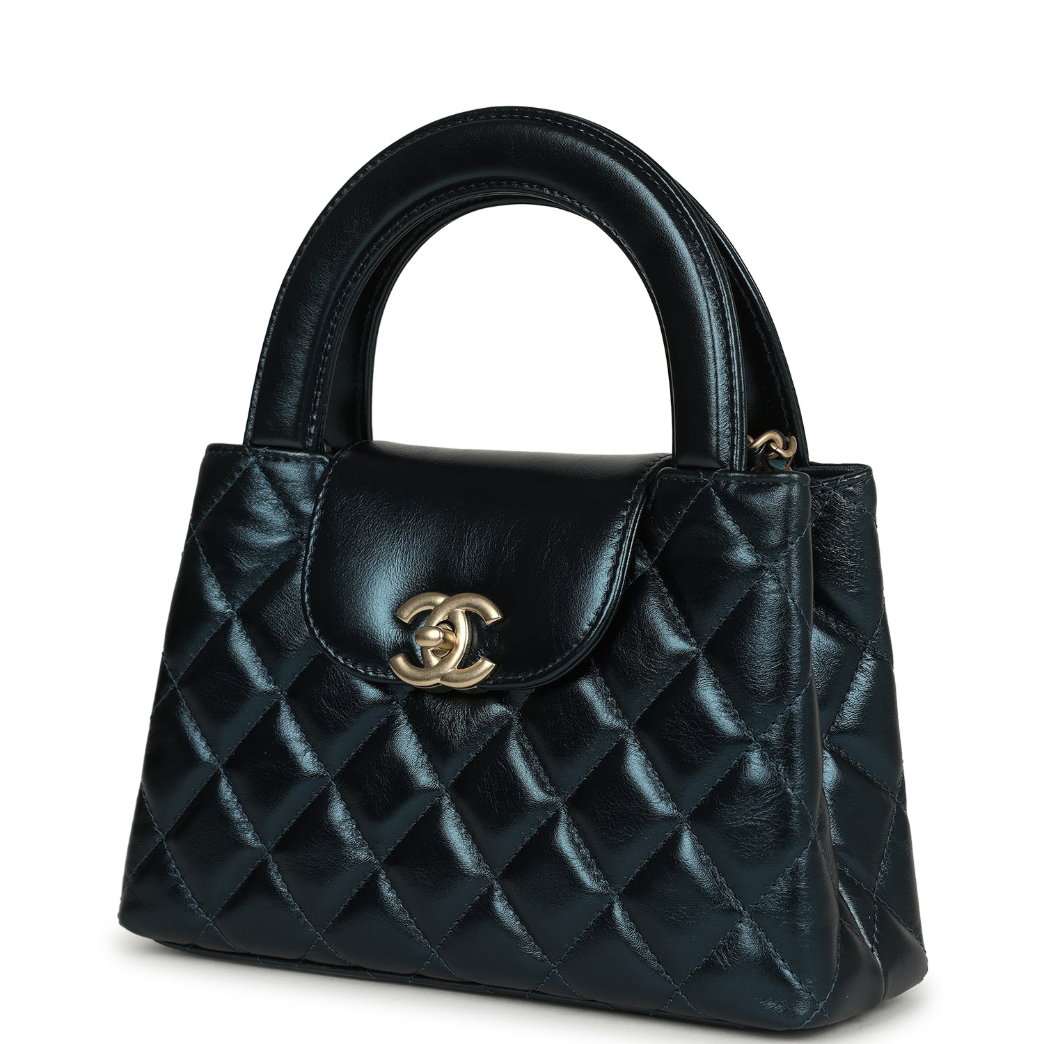 Small Kelly Shopper Metallic Blue Calfskin Brushed Gold Hardware