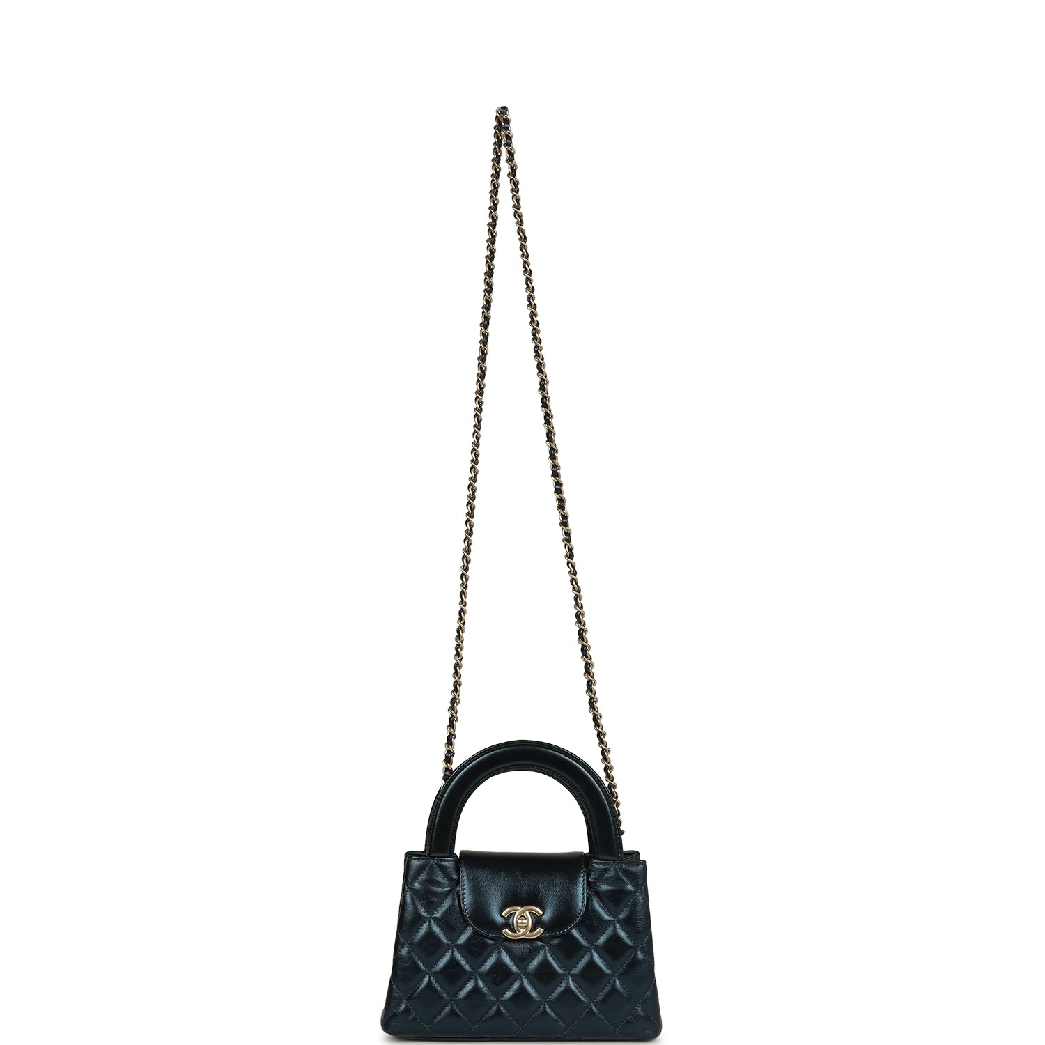 Small Kelly Shopper Metallic Blue Calfskin Brushed Gold Hardware