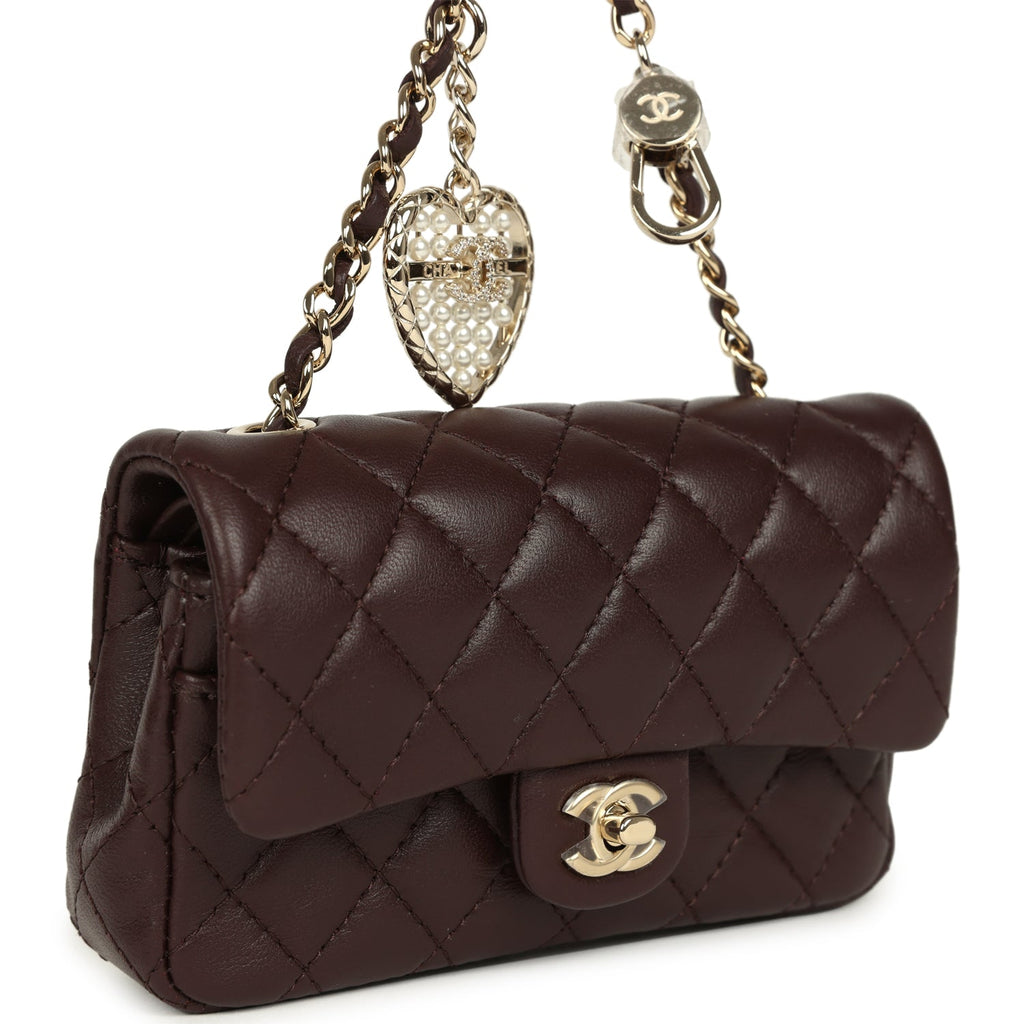 Nano Classic Double Flap Bag Charm Dark Brown Lambskin Light Gold Hardware
