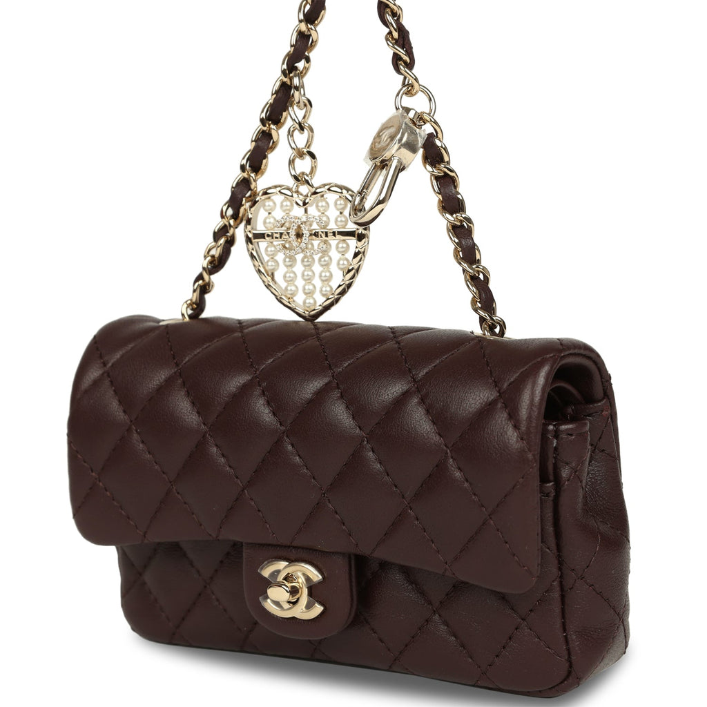 Nano Classic Double Flap Bag Charm Dark Brown Lambskin Light Gold Hardware