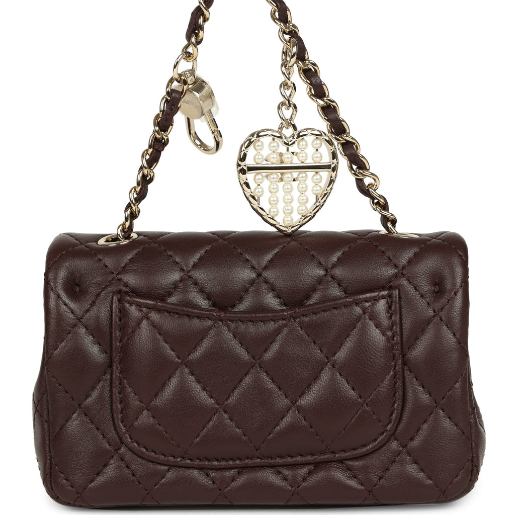 Nano Classic Double Flap Bag Charm Dark Brown Lambskin Light Gold Hardware