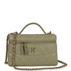 Trendy Top Handle Long Vanity Case with Chain Khaki Caviar Light Gold Hardware