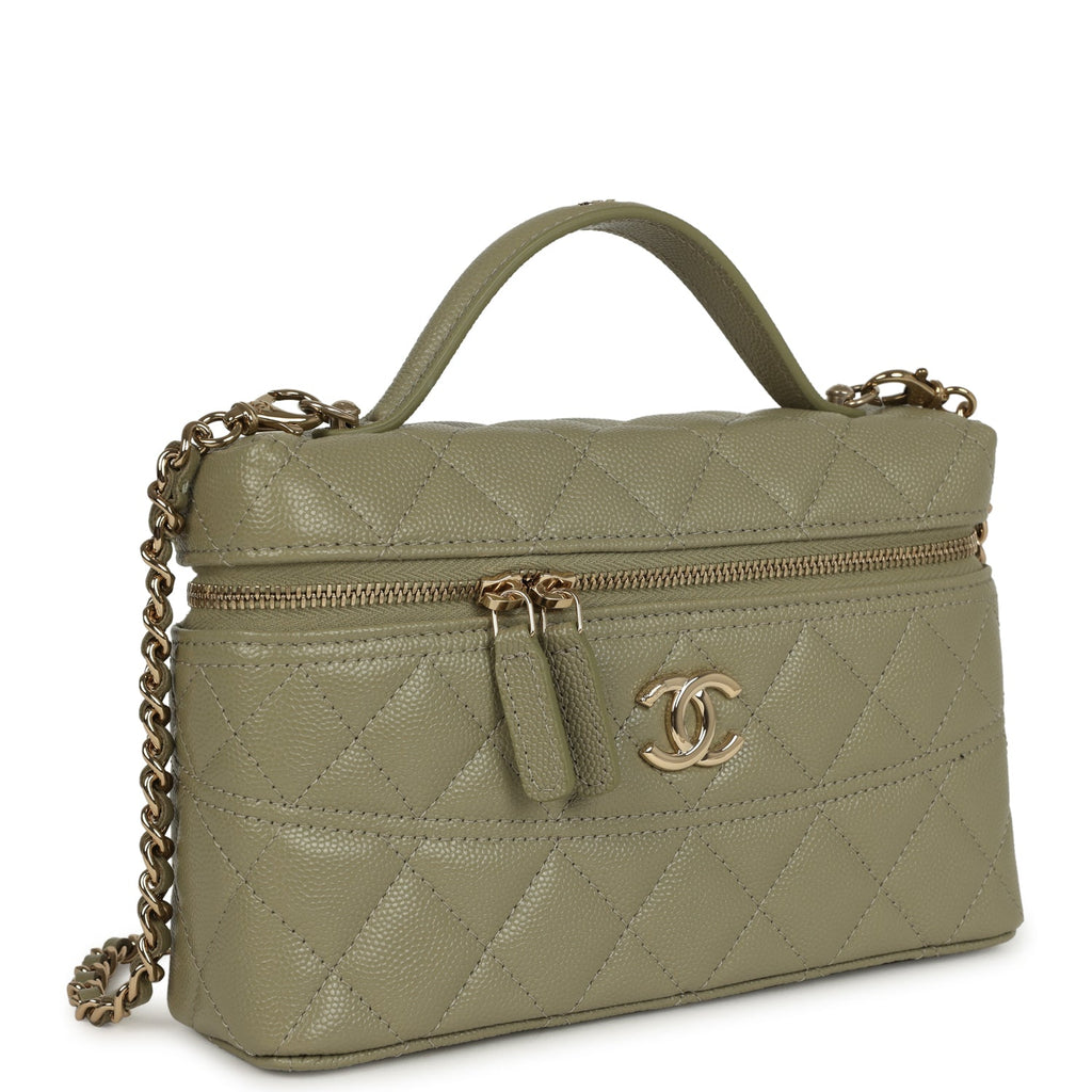 Trendy Top Handle Long Vanity Case with Chain Khaki Caviar Light Gold Hardware