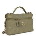 Trendy Top Handle Long Vanity Case with Chain Khaki Caviar Light Gold Hardware