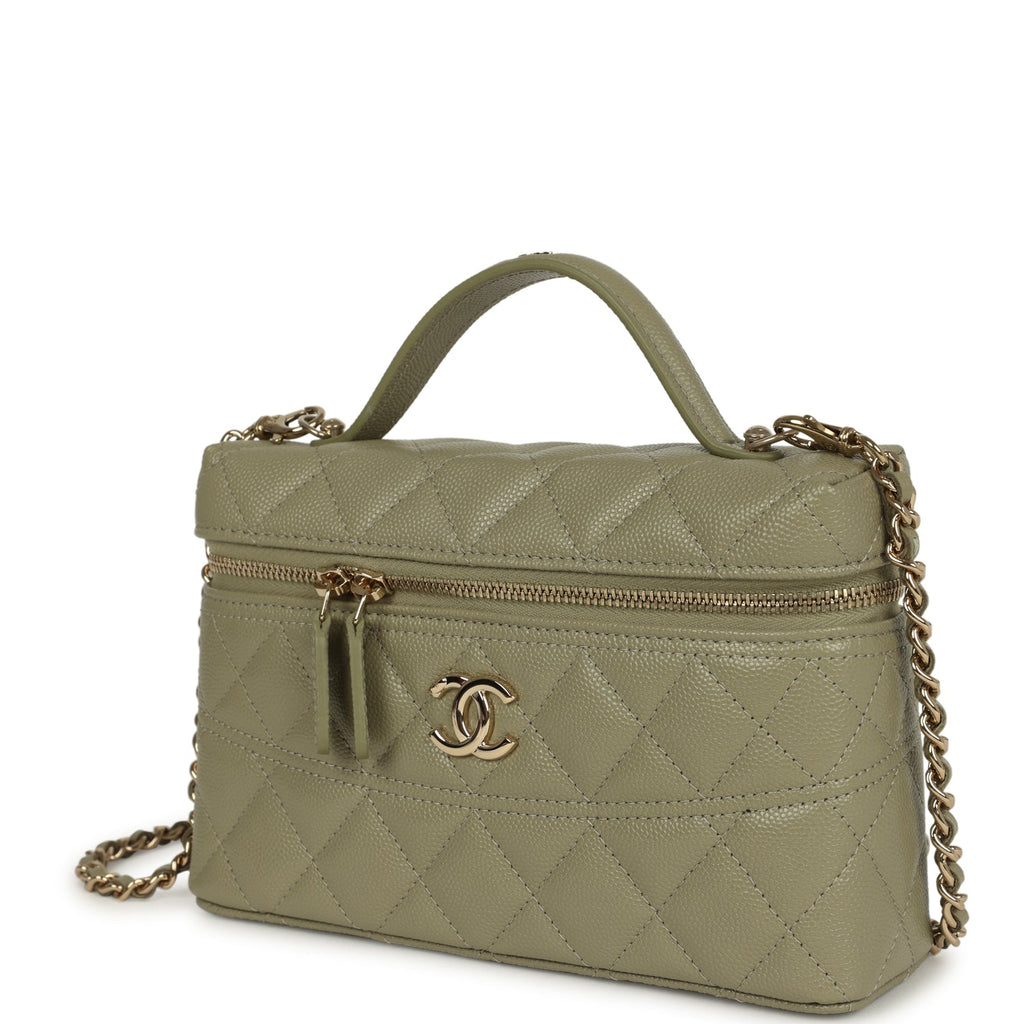 Trendy Top Handle Long Vanity Case with Chain Khaki Caviar Light Gold Hardware