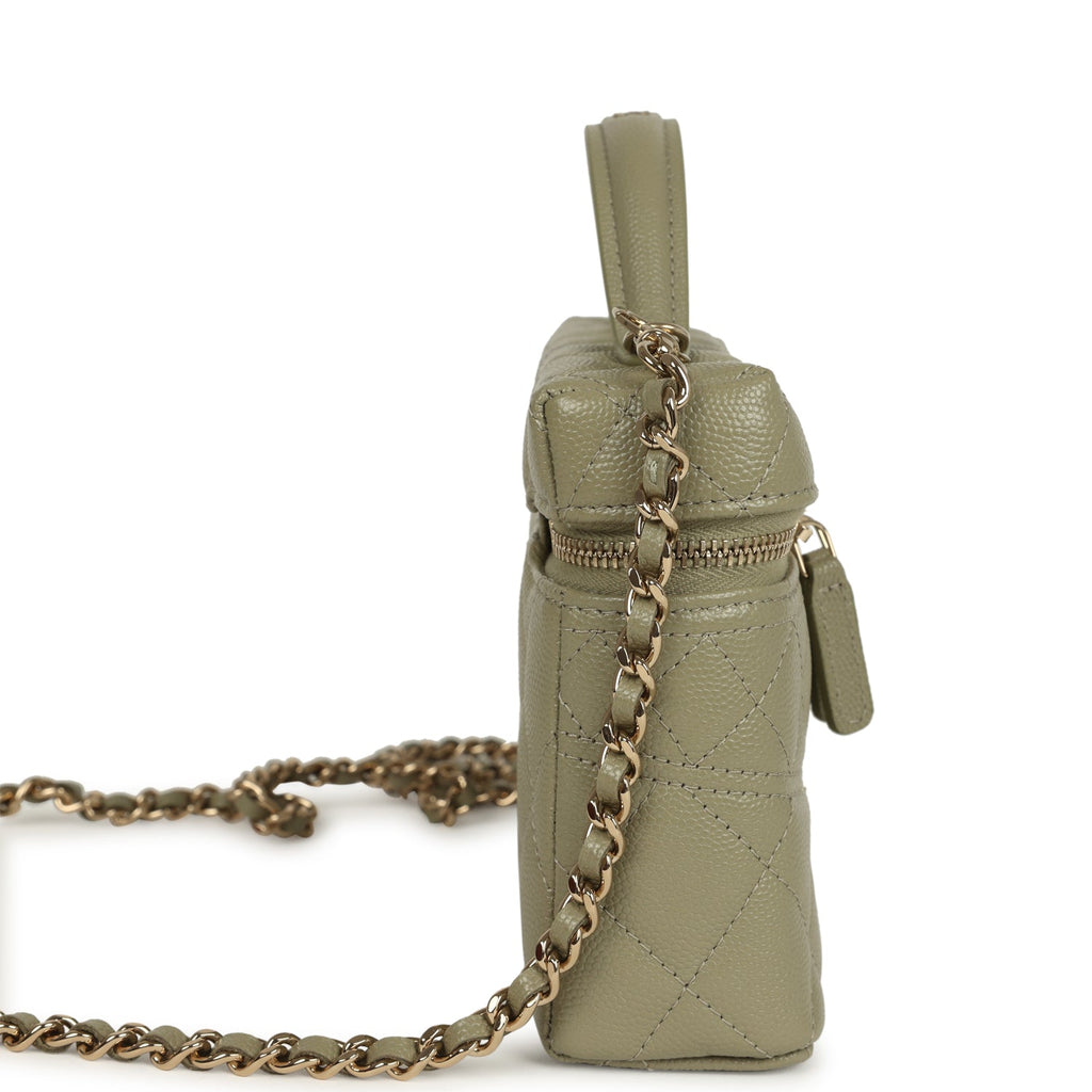 Trendy Top Handle Long Vanity Case with Chain Khaki Caviar Light Gold Hardware