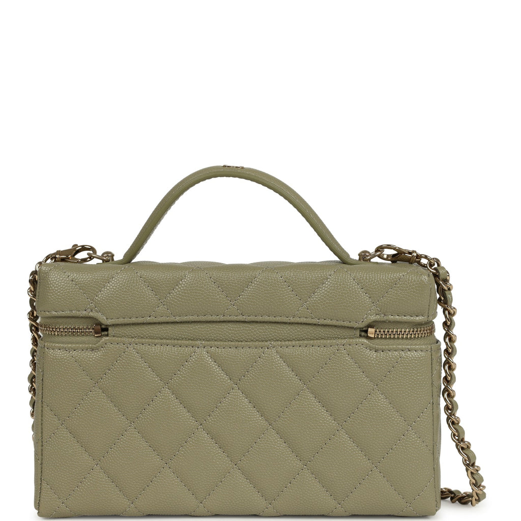Trendy Top Handle Long Vanity Case with Chain Khaki Caviar Light Gold Hardware