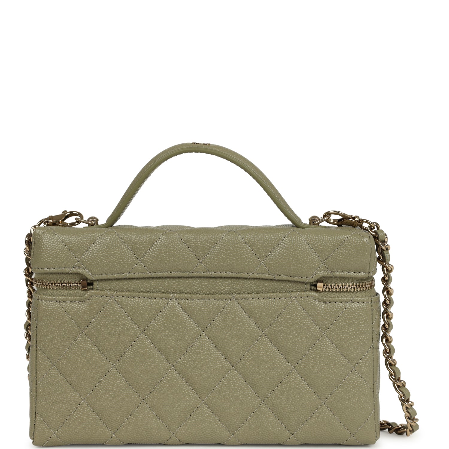 Trendy Top Handle Long Vanity Case with Chain Khaki Caviar Light Gold Hardware
