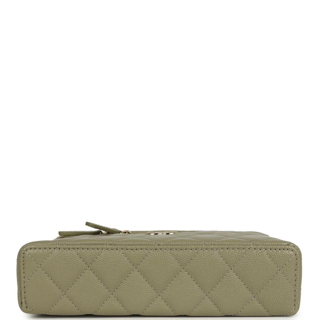Trendy Top Handle Long Vanity Case with Chain Khaki Caviar Light Gold Hardware