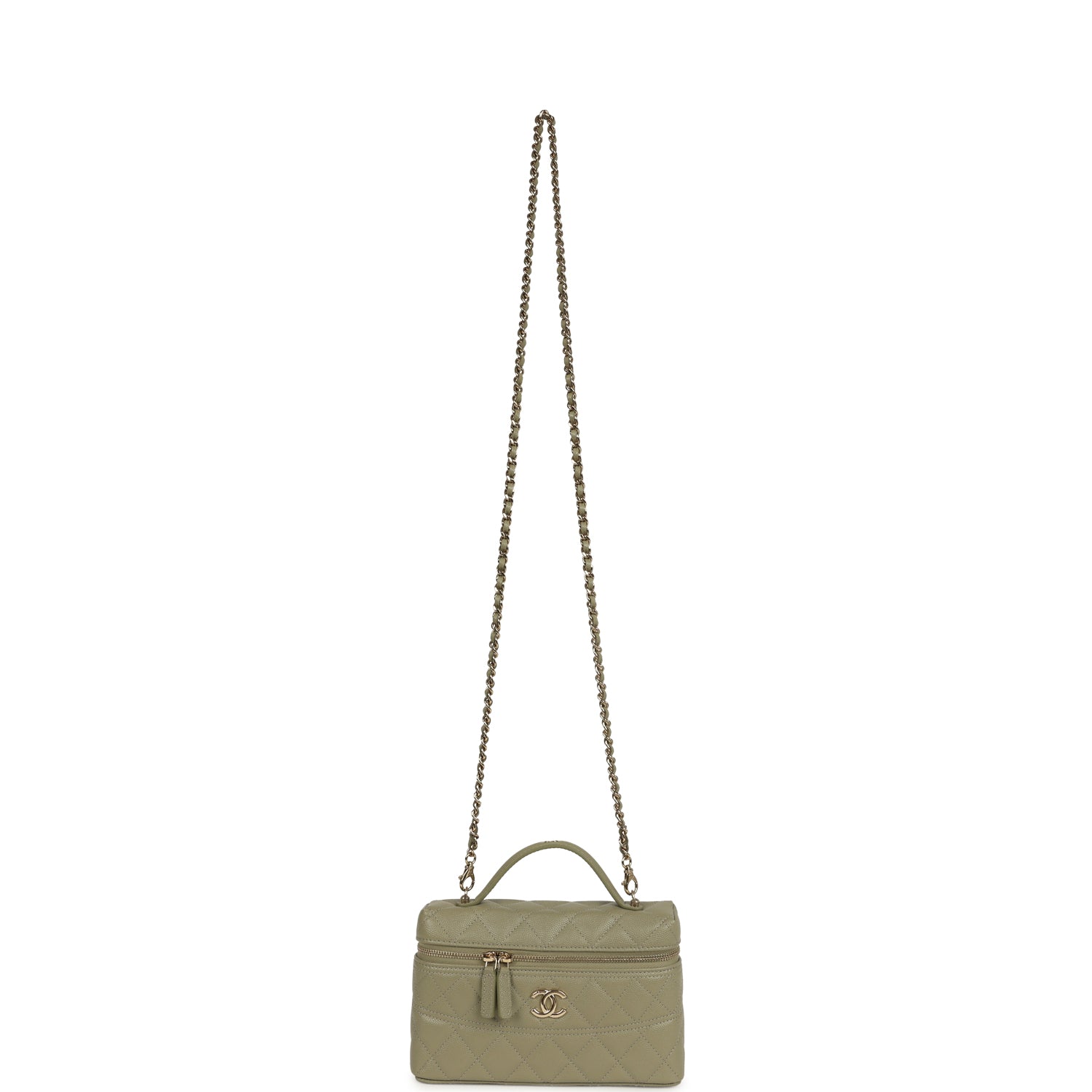 Trendy Top Handle Long Vanity Case with Chain Khaki Caviar Light Gold Hardware