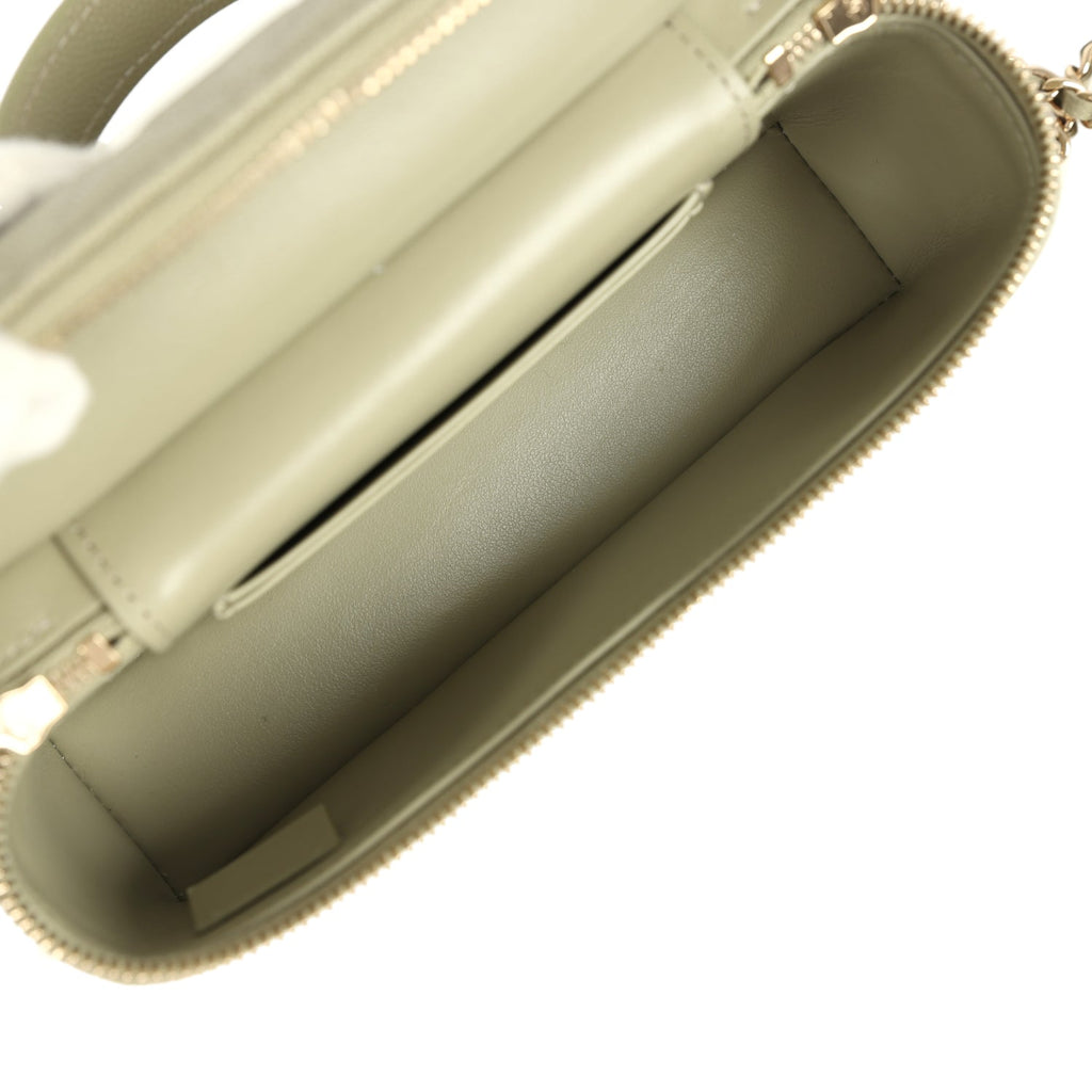 Trendy Top Handle Long Vanity Case with Chain Khaki Caviar Light Gold Hardware