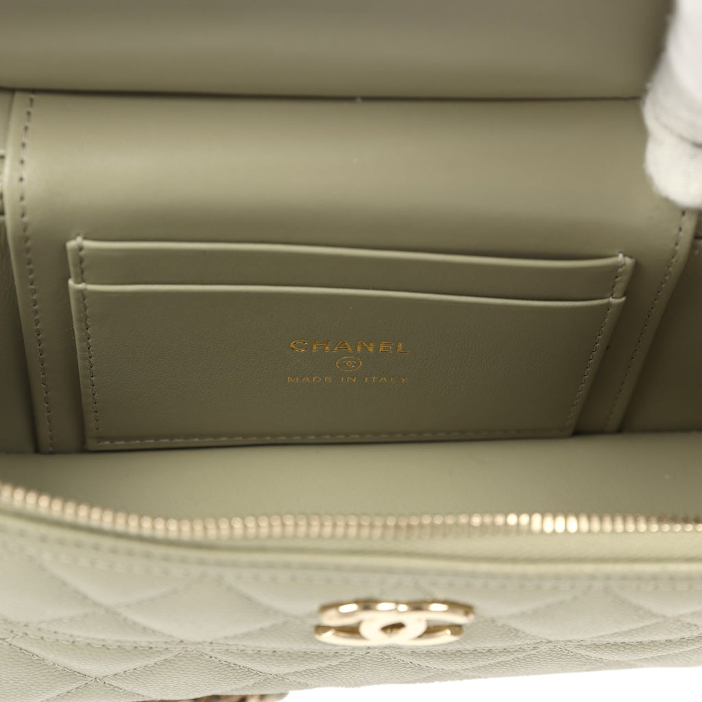 Trendy Top Handle Long Vanity Case with Chain Khaki Caviar Light Gold Hardware