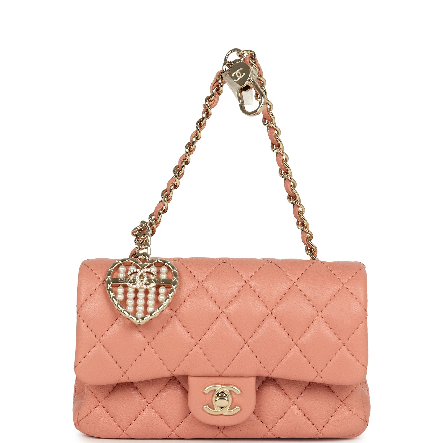 Nano Classic Double Flap Bag Charm Pink Lambskin Light Gold Hardware