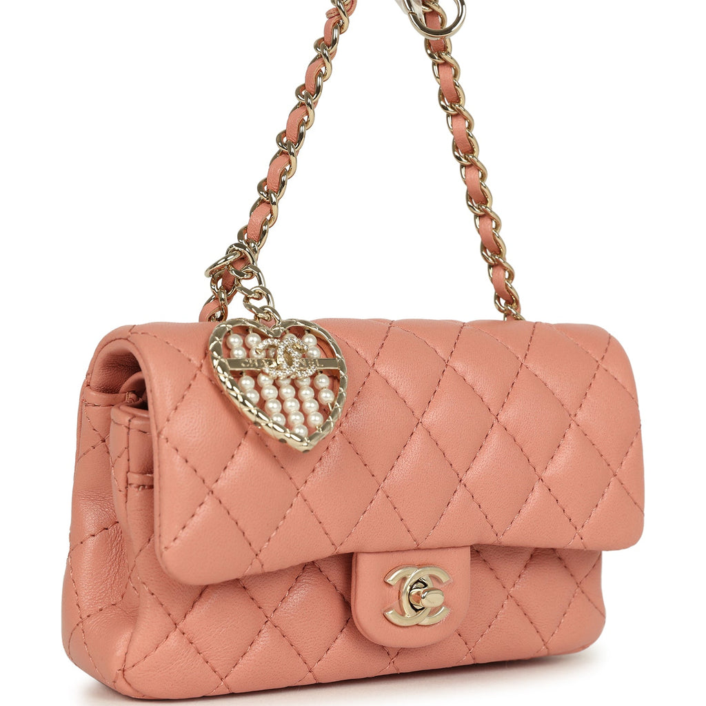 Nano Classic Double Flap Bag Charm Pink Lambskin Light Gold Hardware