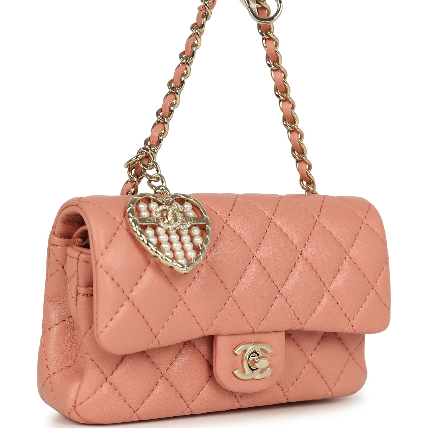 Nano Classic Double Flap Bag Charm Pink Lambskin Light Gold Hardware