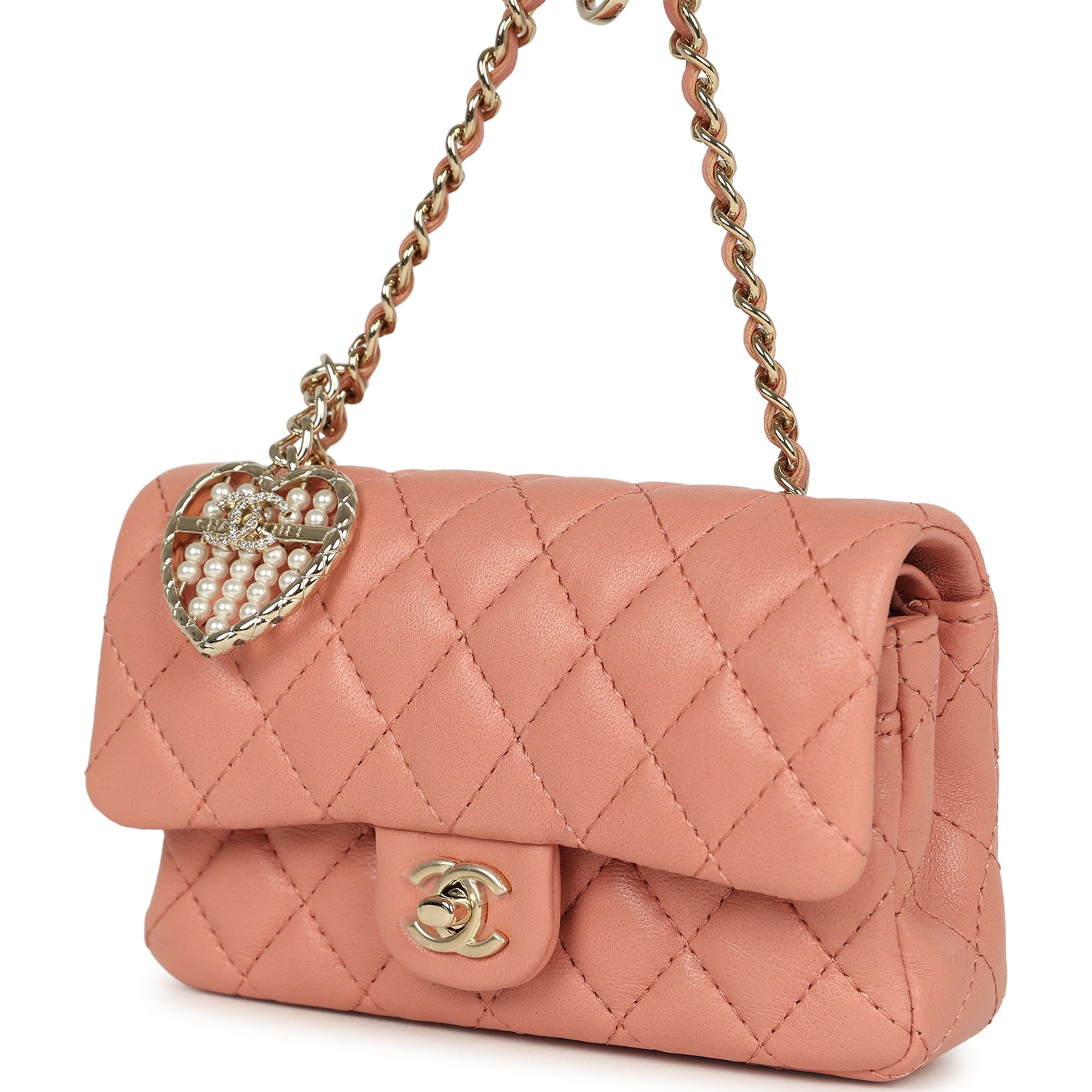 Nano Classic Double Flap Bag Charm Pink Lambskin Light Gold Hardware
