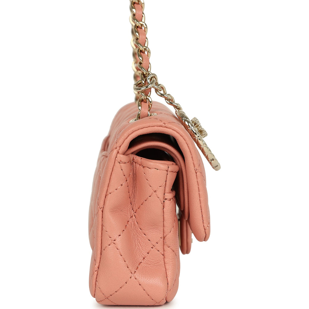 Nano Classic Double Flap Bag Charm Pink Lambskin Light Gold Hardware