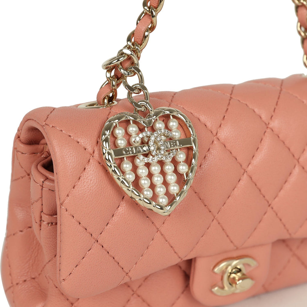 Nano Classic Double Flap Bag Charm Pink Lambskin Light Gold Hardware