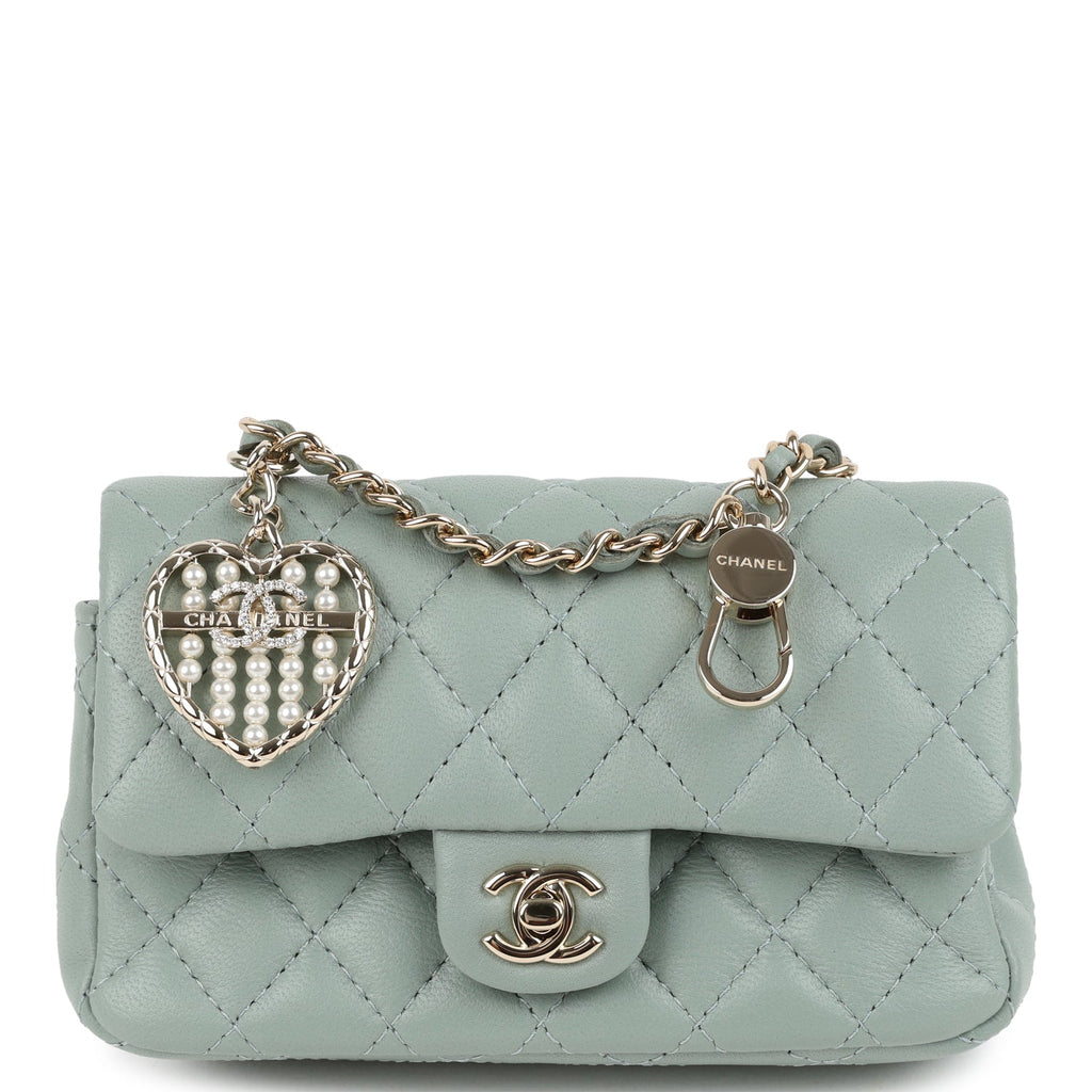 Nano Classic Double Flap Bag Charm Dark Green Lambskin Light Gold Hardware