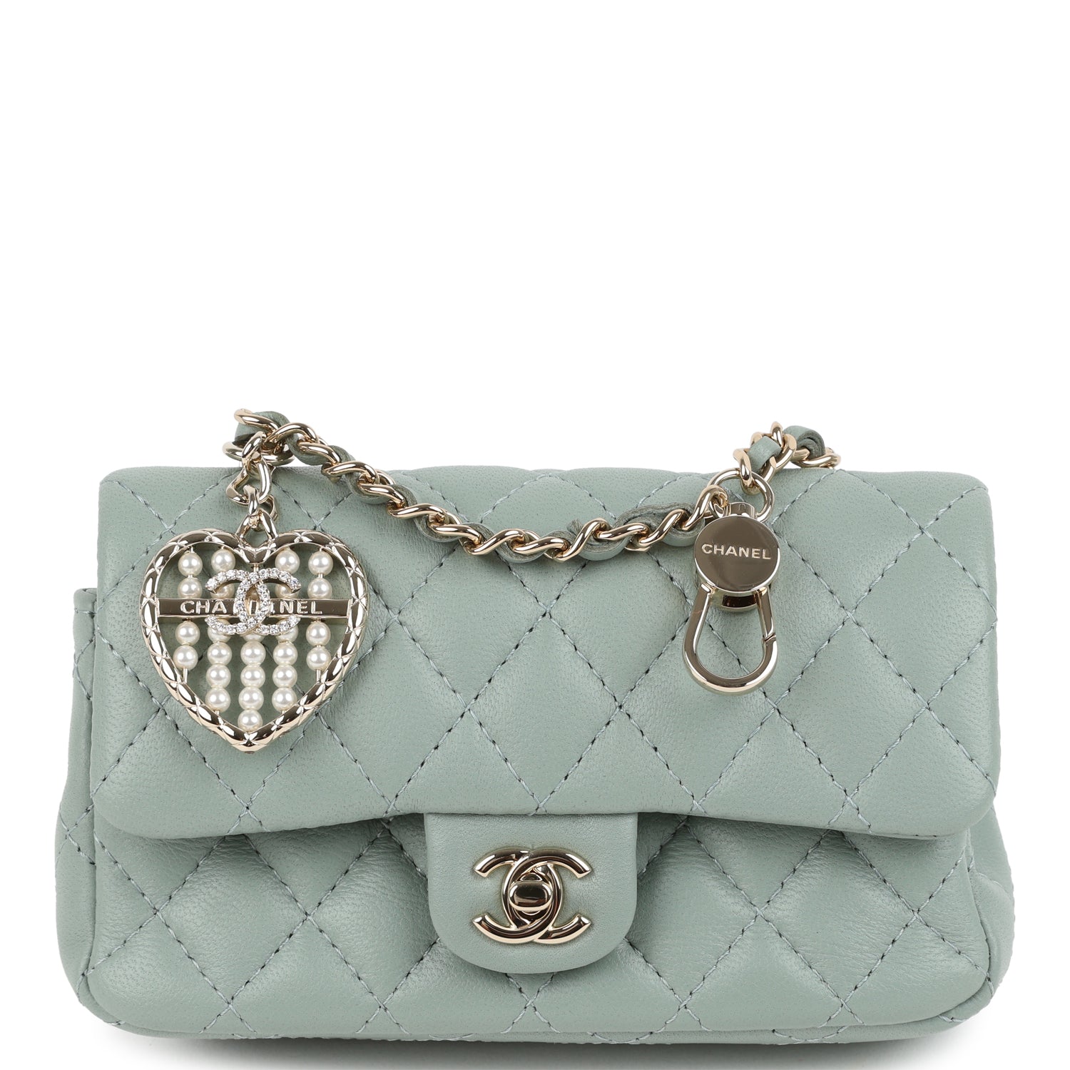Nano Classic Double Flap Bag Charm Dark Green Lambskin Light Gold Hardware