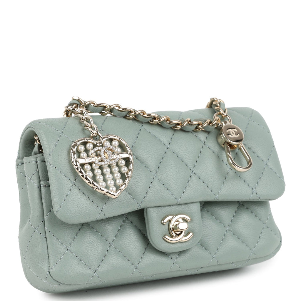 Nano Classic Double Flap Bag Charm Dark Green Lambskin Light Gold Hardware