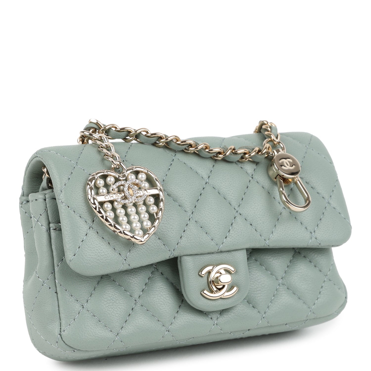 Nano Classic Double Flap Bag Charm Dark Green Lambskin Light Gold Hardware