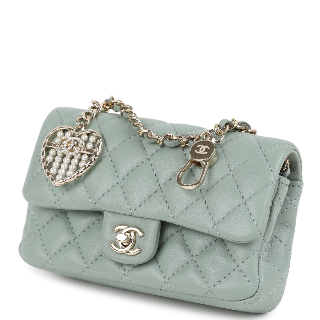 Nano Classic Double Flap Bag Charm Dark Green Lambskin Light Gold Hardware