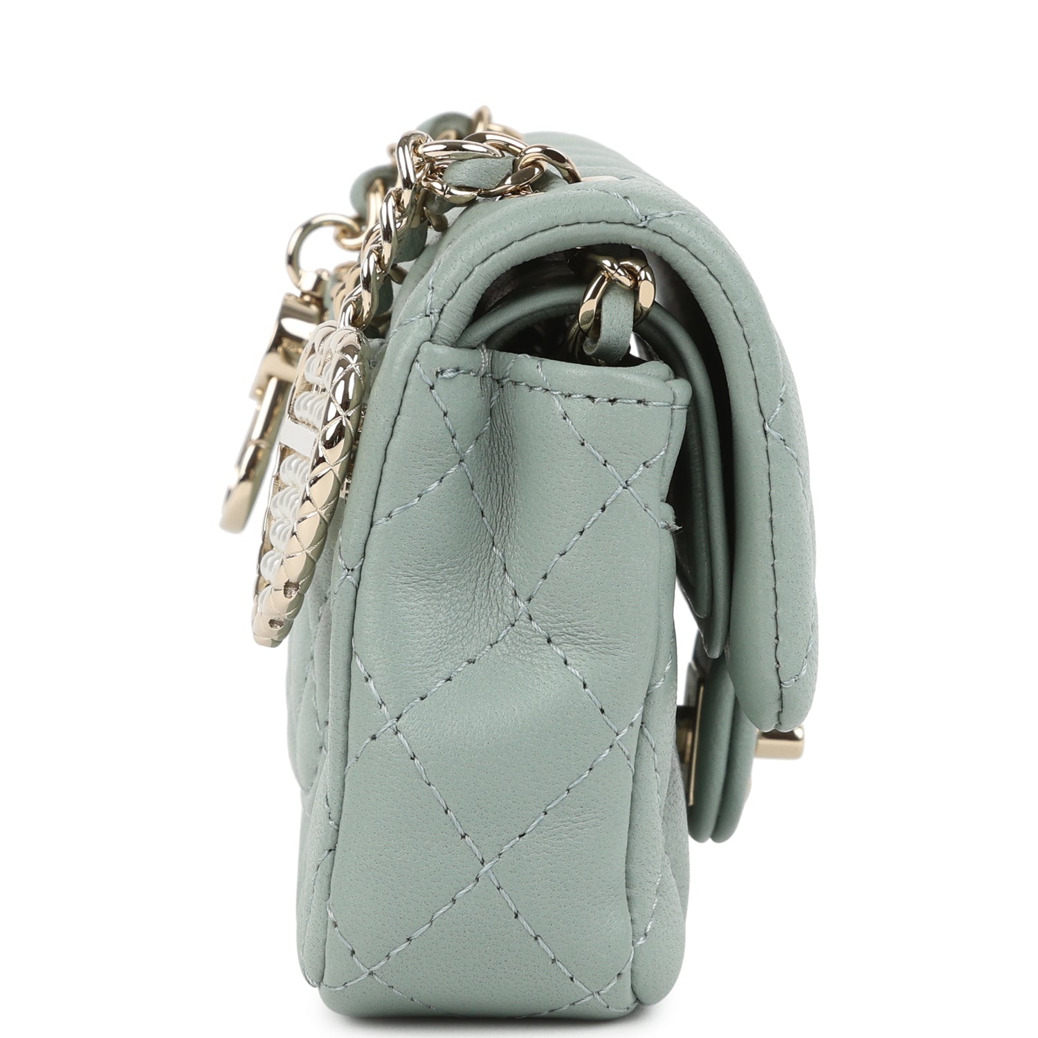 Nano Classic Double Flap Bag Charm Dark Green Lambskin Light Gold Hardware